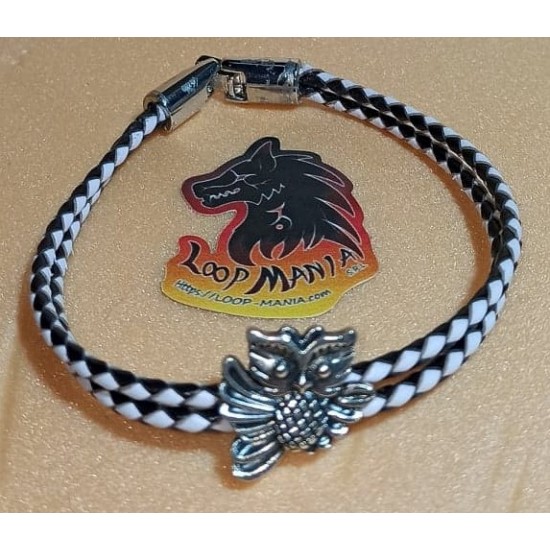 Leather bracelet with metal beads. Made of natural leather 2 threads braided 3mm with Tibetan silver owl bead. Size 24.1 cm with silver clasps.