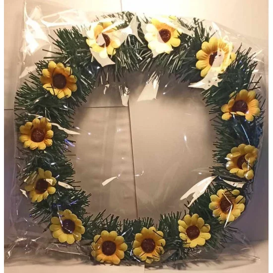Coronita din brad artificial cu flori artificiale, floarea soarelui 4.5 cm. Diametru coronita 23-25cm. 