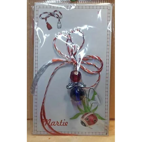 Martisor margele de sticla, perle de sticla, capacele argintii si aripi mici de ingeri.