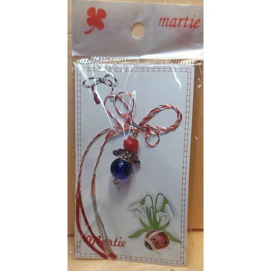 Martisor margele de sticla, perle de sticla, capacele argintii si aripi mici de ingeri.