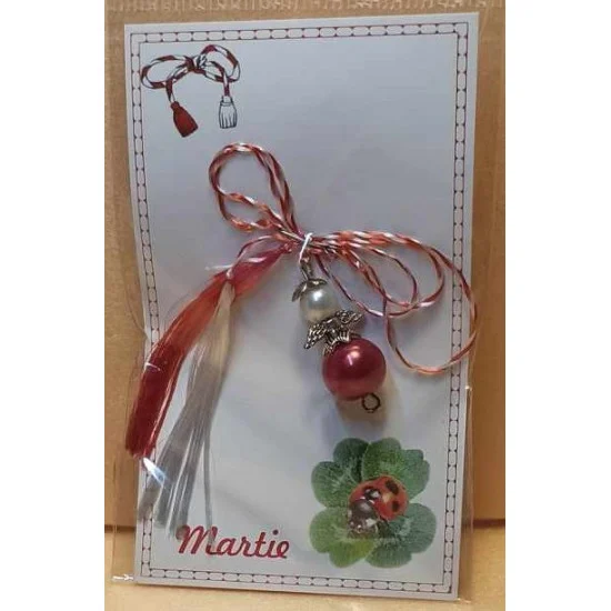 Martisor margele de sticla, perle de sticla, capacele argintii si aripi mici de ingeri.
