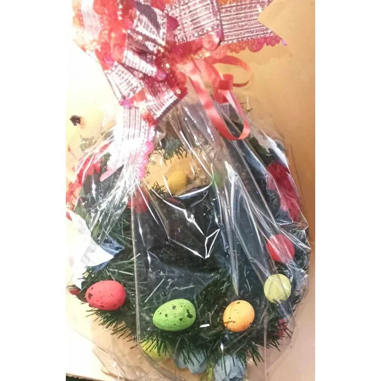 Cosulet cu tortita pentru oua vopsite de paste din brad si flori artificiale cu oua din polistiren