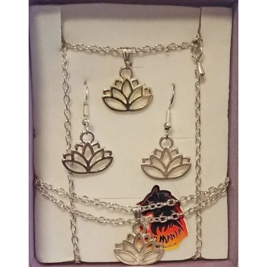 Lantisor cu pandativ lotus, bratara cu lotus si cercei lotus placat cu argint.
